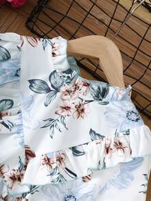 SHEIN Tween Girl Floral Print Ruffle Trim Flounce Sleeve Belted Dress - Blue and White - View 6