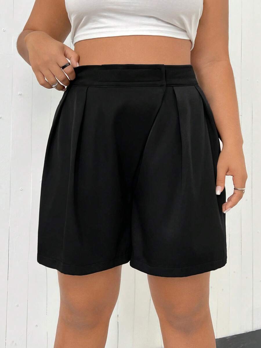 Flirla Plus Plicated Detail Shorts - Black - View 1