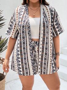 SHEIN VCAY Plus Geo Print Open Front Summer Kimono & Shorts - Multicolor - View 3