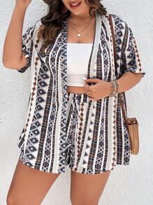 SHEIN VCAY Plus Geo Print Open Front Summer Kimono & Shorts - Multicolor - View 5