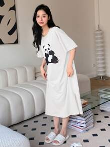 DAZY 熊貓印花落肩袖下擺開叉休閒服洋裝 - 白色 - 查看 5