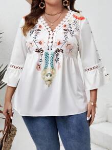 SHEIN VCAY Hơn In hoa Chèn ren Guipure tay áo lá sen Mùa hè Áo sơ mi - trắng - Xem 3