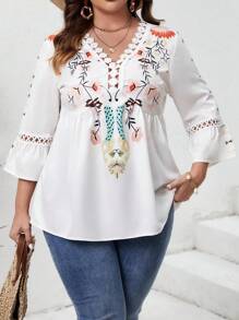 SHEIN VCAY Hơn In hoa Chèn ren Guipure tay áo lá sen Mùa hè Áo sơ mi - trắng - Xem 5