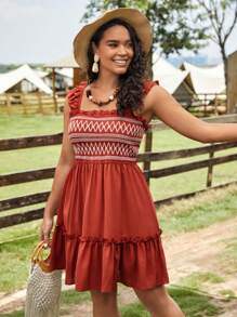 SHEIN VCAY 大碼幾何印花荷葉邊洋裝 - 鏽棕色 - 查看 1