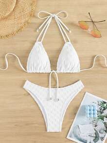Tie Back Halter Triangle Bikini Set - White - View 1