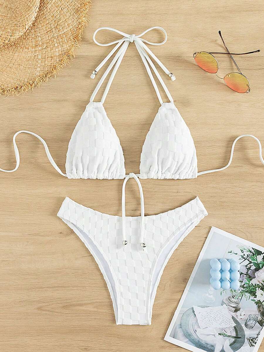 Tie Back Halter Triangle Bikini Set - White - View 1