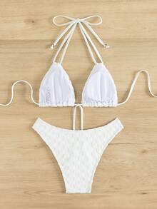 Tie Back Halter Triangle Bikini Set - White - View 2