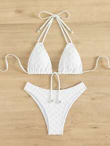 Tie Back Halter Triangle Bikini Set - White - View 3