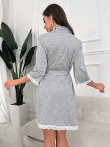 Bata con cinturón con encaje en contraste ribete con fruncido - Gris - Ver 2