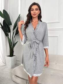 Bata con cinturón con encaje en contraste ribete con fruncido - Gris - Ver 4