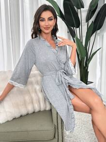 Bata con cinturón con encaje en contraste ribete con fruncido - Gris - Ver 6