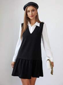 SHEIN Essnce Chất rắn Áo sơ mi & Xù Hoa Sen Đầm - Đen và trắng - Xem 1