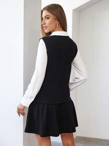 SHEIN Essnce Chất rắn Áo sơ mi & Xù Hoa Sen Đầm - Đen và trắng - Xem 2