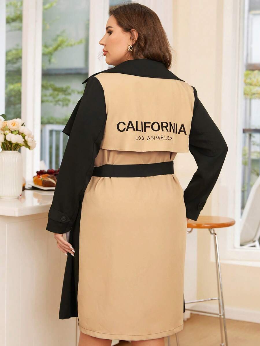 SHEIN Essnce Plus Letter Graphic Two Tone Belted Trench Coat - Multicolor - View 1