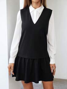 SHEIN Essnce Chất rắn Áo sơ mi & Xù Hoa Sen Đầm - Đen và trắng - Xem 3