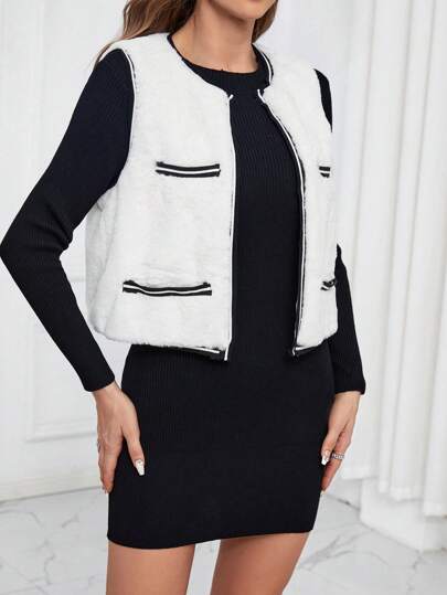 SHEIN Privé Viền tương phản Mở Mặt trước Áo khoác vest fuzzy