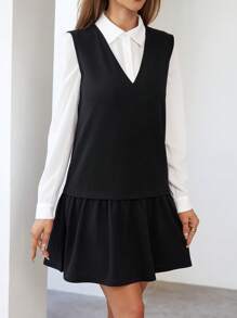 SHEIN Essnce Chất rắn Áo sơ mi & Xù Hoa Sen Đầm - Đen và trắng - Xem 4