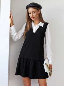 SHEIN Essnce Chất rắn Áo sơ mi & Xù Hoa Sen Đầm - Đen và trắng - Xem 5