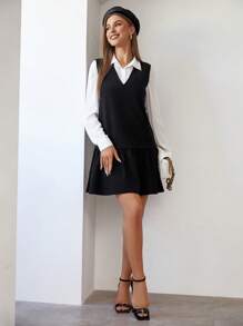 SHEIN Essnce Chất rắn Áo sơ mi & Xù Hoa Sen Đầm - Đen và trắng - Xem 6