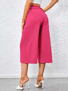 SHEIN Privé Solid Belted Straight Leg Capris Pants - Hot Pink - View 2