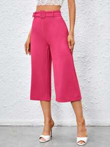 SHEIN Privé Solid Belted Straight Leg Capris Pants - Hot Pink - View 1