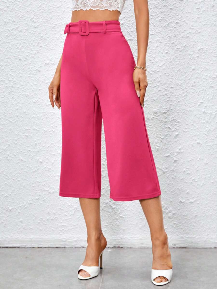 SHEIN Privé Solid Belted Straight Leg Capris Pants - Hot Pink - View 1