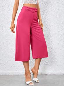 SHEIN Privé Solid Belted Straight Leg Capris Pants - Hot Pink - View 5