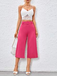 SHEIN Privé Solid Belted Straight Leg Capris Pants - Hot Pink - View 3