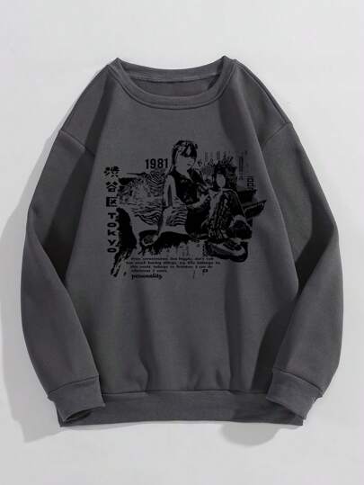 Grunge Punk Thermal Pullover mit Buchstaben & Figur Grafik,