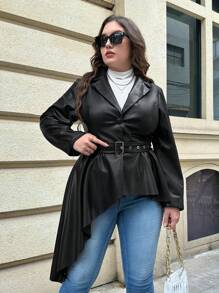 SHEIN Privé 大碼西裝領不對稱下擺腰帶PU皮革外套 - 黑色 - 查看 5