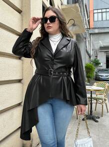 SHEIN Privé 大碼西裝領不對稱下擺腰帶PU皮革外套 - 黑色 - 查看 1