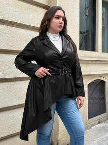 SHEIN Privé 大碼西裝領不對稱下擺腰帶PU皮革外套 - 黑色 - 查看 6