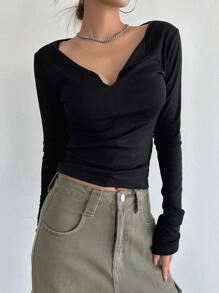 DAZY Áo thun nữ tay dài cổ chữ V trơn - màu đen - Xem 8