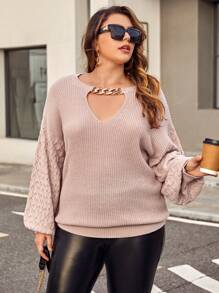 SHEIN Privé Hơn Chi tiết chuỗi Cắt ra Thả vai Áo len - Bụi hồng - Xem 1