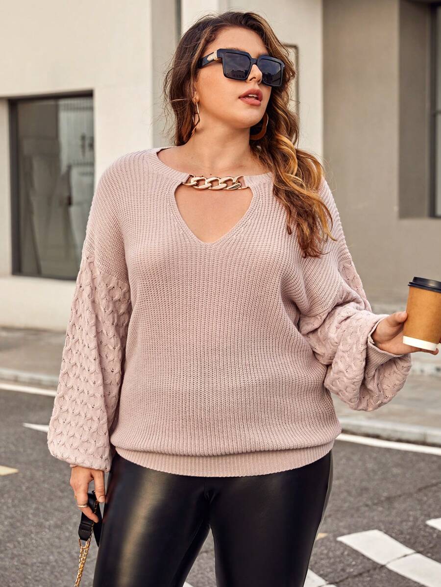 SHEIN Privé Hơn Chi tiết chuỗi Cắt ra Thả vai Áo len - Bụi hồng - Xem 1