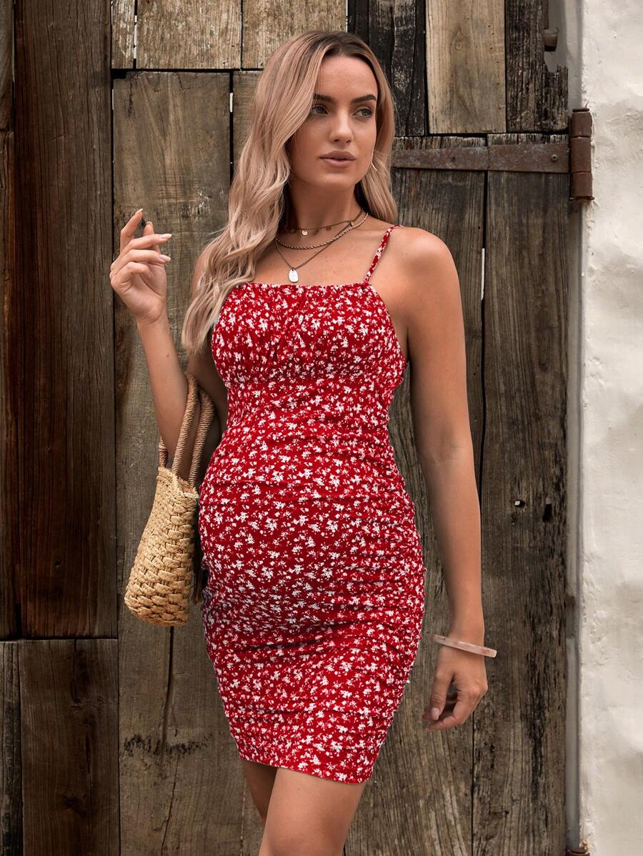 SHEIN Maternity Ditsy Floral Print Cami Bodycon Dress - Red and White - View 1
