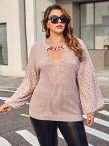 SHEIN Privé Hơn Chi tiết chuỗi Cắt ra Thả vai Áo len - Bụi hồng - Xem 3