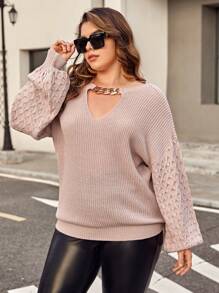 SHEIN Privé Hơn Chi tiết chuỗi Cắt ra Thả vai Áo len - Bụi hồng - Xem 6