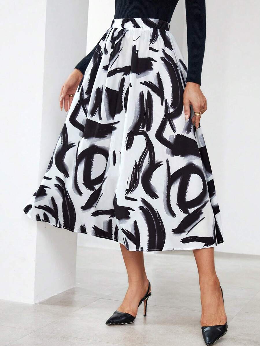 SHEIN Privé Allover Print High Waist Flare Skirt - Black and White - View 1
