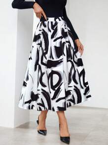 SHEIN Privé Allover Print High Waist Flare Skirt - Black and White - View 3