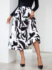SHEIN Privé Allover Print High Waist Flare Skirt - Black and White - View 5