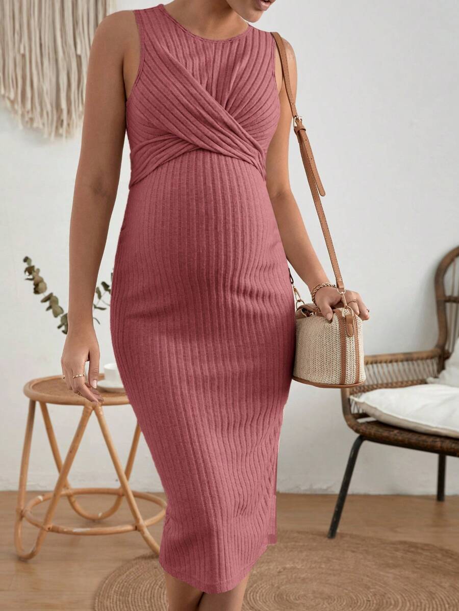 SHEIN Maternity Solid Ribbed Knit Bodycon Dress - Redwood - View 1