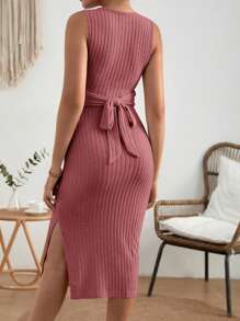 SHEIN Maternity Solid Ribbed Knit Bodycon Dress - Redwood - View 2