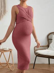 SHEIN Maternity Solid Ribbed Knit Bodycon Dress - Redwood - View 3