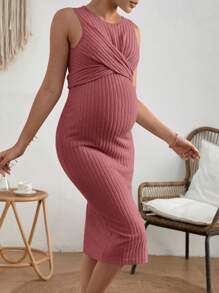 SHEIN Maternity Solid Ribbed Knit Bodycon Dress - Redwood - View 4