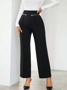 SHEIN Privé Cao eo Chi tiết dây kéo Quần ống rộng - màu đen - Xem 1