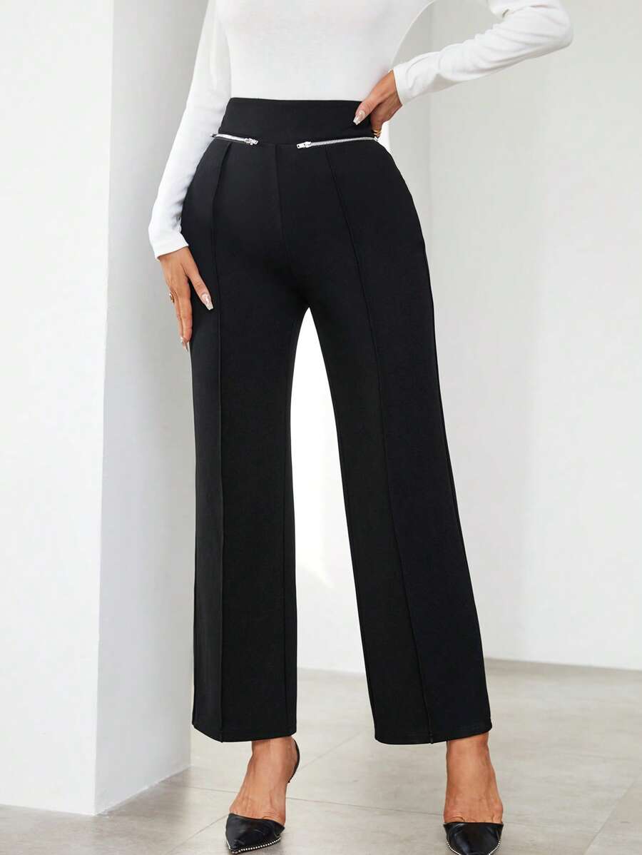 SHEIN Privé Cao eo Chi tiết dây kéo Quần ống rộng - màu đen - Xem 1