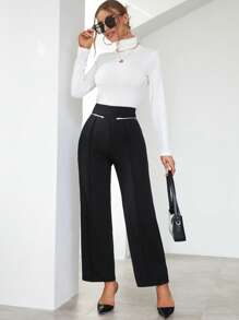 SHEIN Privé Cao eo Chi tiết dây kéo Quần ống rộng - màu đen - Xem 5