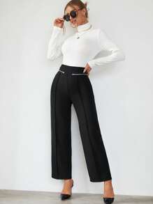 SHEIN Privé Cao eo Chi tiết dây kéo Quần ống rộng - màu đen - Xem 6