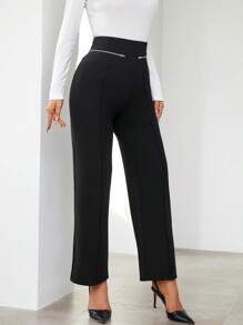 SHEIN Privé Cao eo Chi tiết dây kéo Quần ống rộng - màu đen - Xem 4